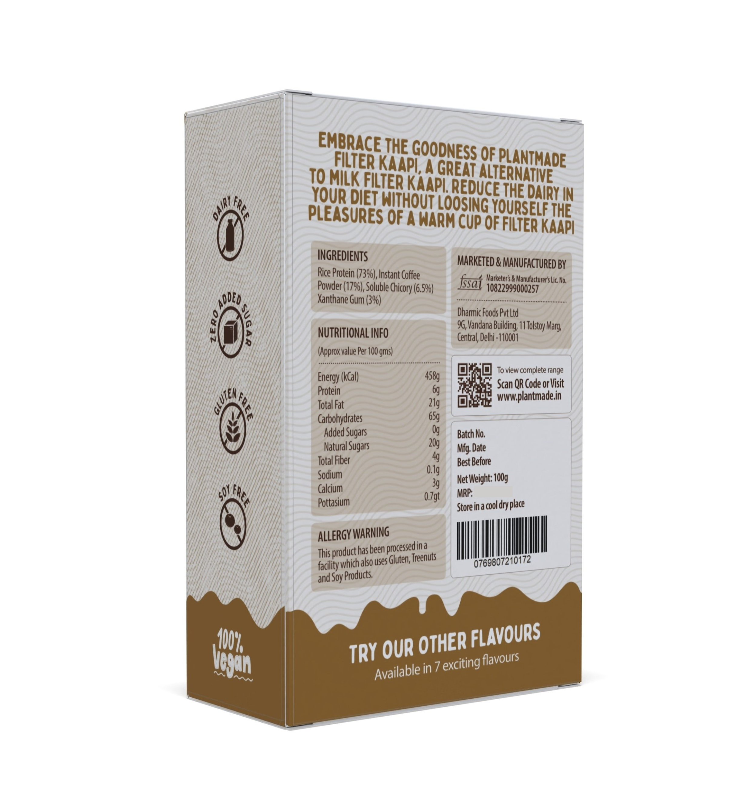 PlantMade Instant Filter Kaapi Coffee Powder: Vegan Rice Protein Premix, Dairy-Free, Gluten-Free, Zero Sugar, Soy-Free. Easy to Make—Just Scoop, Blend, and Enjoy! (Pack of 10 Box Each Box 100g)