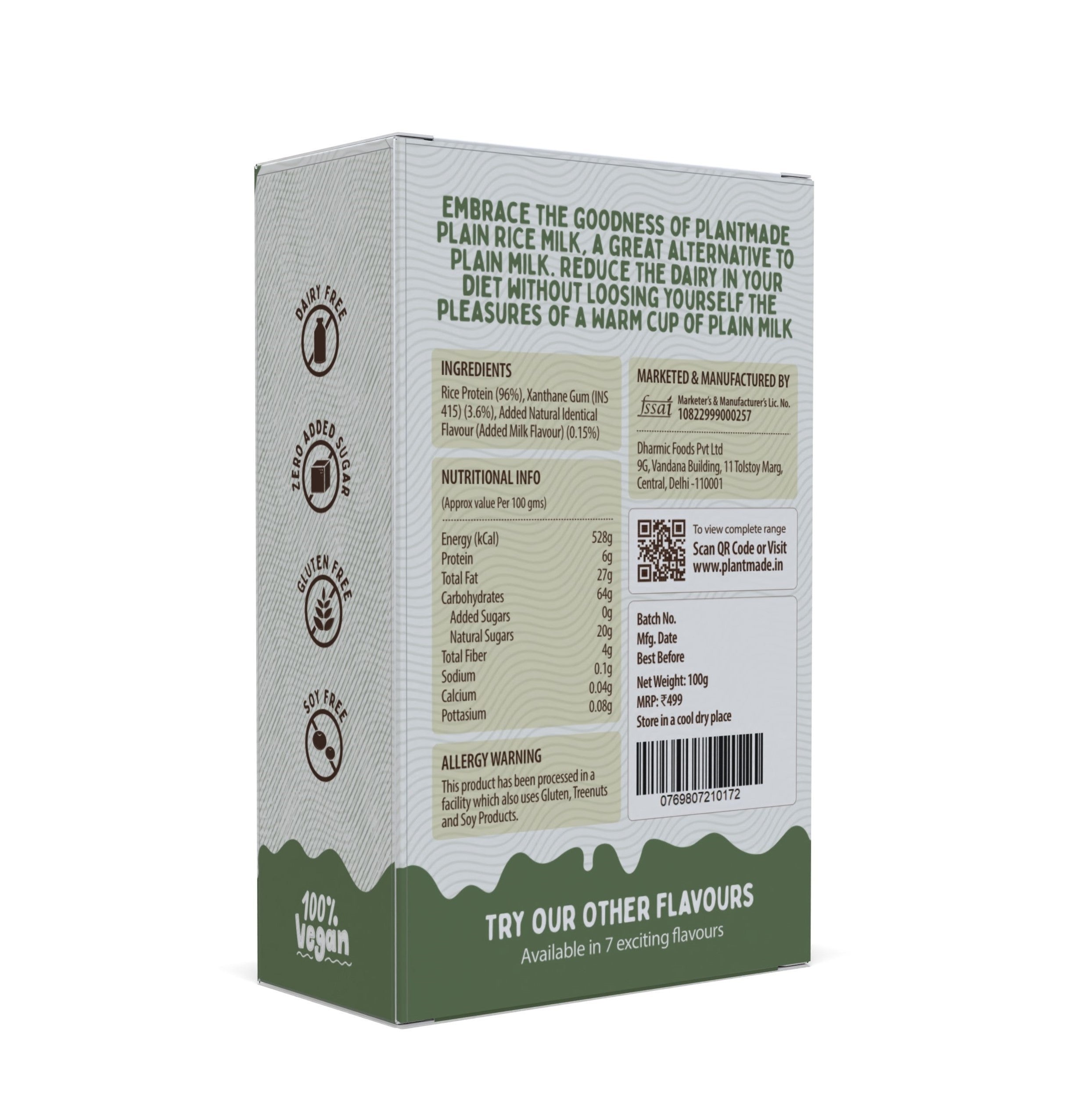 Plantmade Rice Milk Plain Rice Protein Premix Plant-Based Milk a Great Alternative To Dairy Milk Dairy Free, Zero Added Sugar, Gluten-Free, Soy-Free 100% Vegan (Pack of 10 Box Each Box 100g)